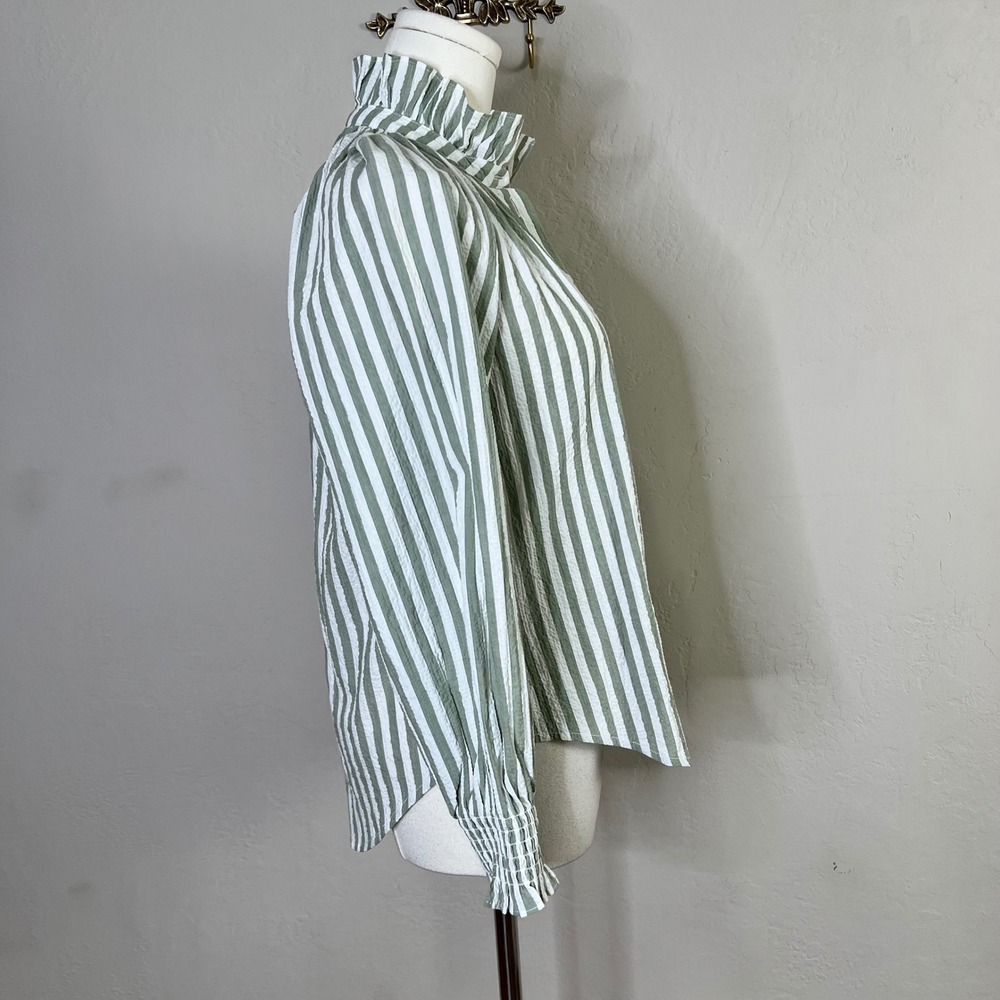 Veronica Beard Calisto Striped Ruffle Neck Button Up Shirt Seersucker 0 = XS NEW - Picture 5 of 11